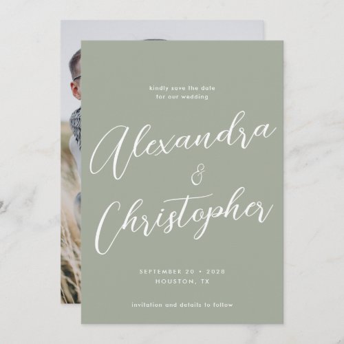 Elegant Sage Calligraphy Wedding Engagement Photo Save The Date