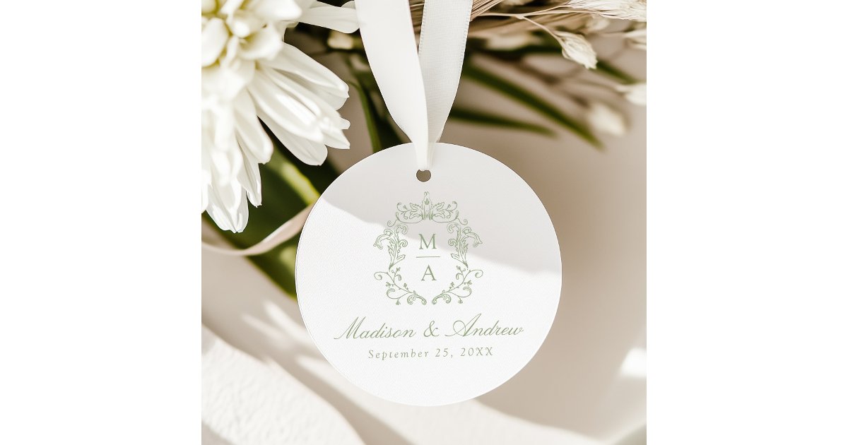 Elegant Sage Chinoiserie Crest Monogram Wedding Favor Tags | Zazzle