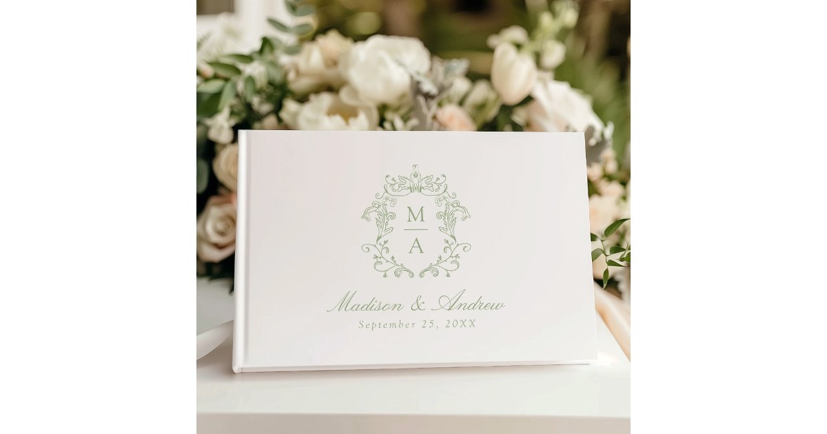 Elegant Sage Chinoiserie Crest Monogram Wedding Guest Book | Zazzle