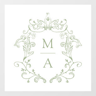 Elegant Sage Chinoiserie Crest Monogram Wedding Wall Decal