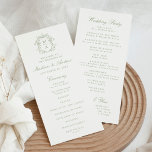 Elegant Sage Chinoiserie Crest Wedding Program<br><div class="desc">This elegant wedding program combines Victorian and Chinoiserie-inspired style with a modern touch. The front features the couple's monogram initials surrounded by a delicate sage green baroque crest, with their names, wedding date, and ceremony details below in soft sage green text. On the back, a list of the bridal party...</div>