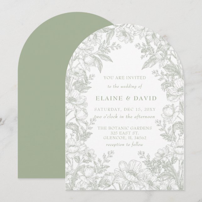 Elegant Sage Chinoiserie Floral Botanical Wedding Invitation (Front/Back)