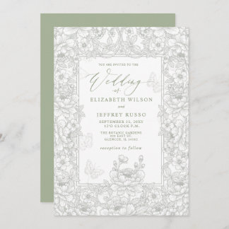 Elegant Sage Chinoiserie Floral Botanical Wedding Invitation