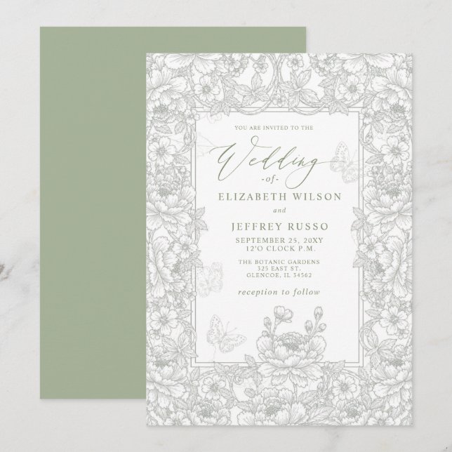 Elegant Sage Chinoiserie Floral Botanical Wedding Invitation (Front/Back)