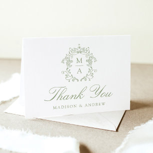 Elegant Sage Chinoiserie Monogram Crest Wedding Letterpress Thank You Card