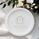 Elegant Sage Chinoiserie Monogram Crest Wedding Paper Plates<br><div class="desc">Add a personalized, romantic touch to your wedding reception, engagement party, couples shower, or rehearsal dinner with Elegant Sage Green Chinoiserie Victorian Floral paper plates. The elegant wedding paper plates feature an intricate sage green chinoiserie crest surrounding the couple's monogram initials. Your names are displayed in a classic sage green...</div>