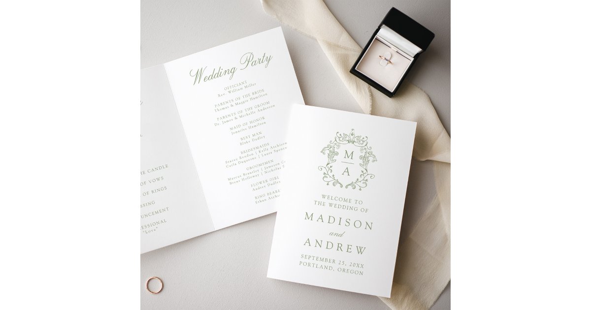 Elegant Sage Chinoiserie Monogram Crest Wedding Program | Zazzle