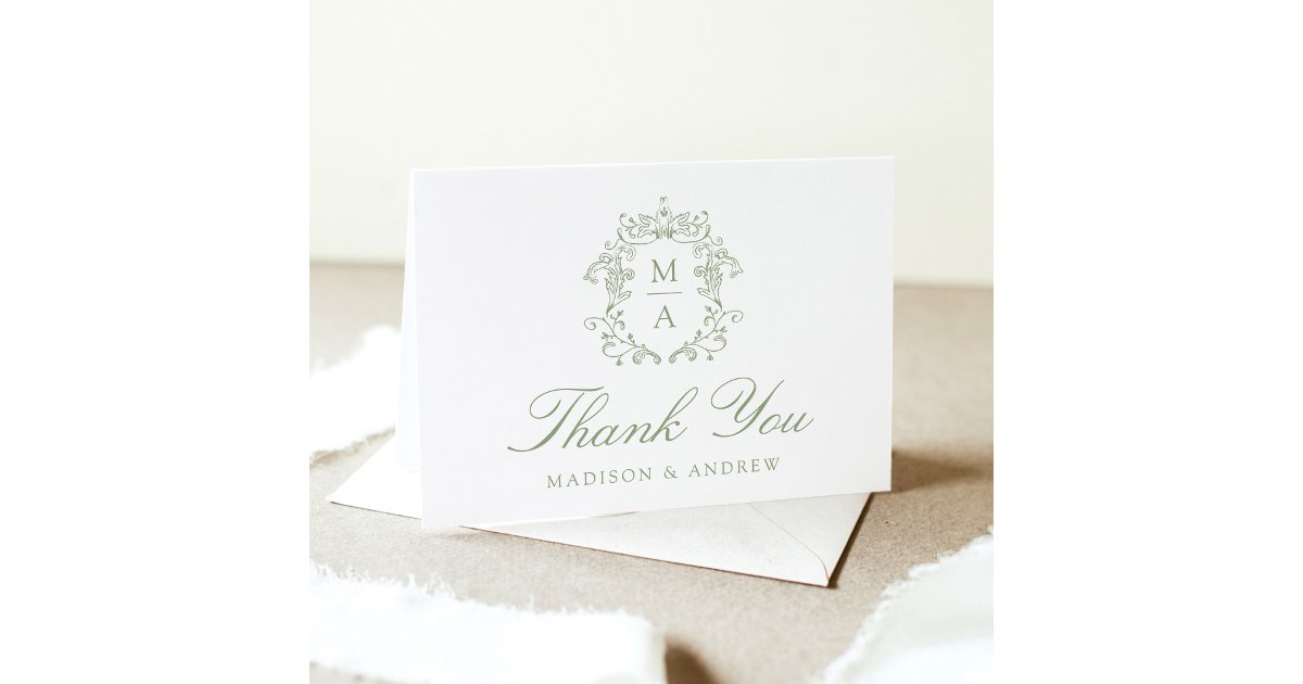 Elegant Sage Chinoiserie Monogram Crest Wedding Thank You Card | Zazzle