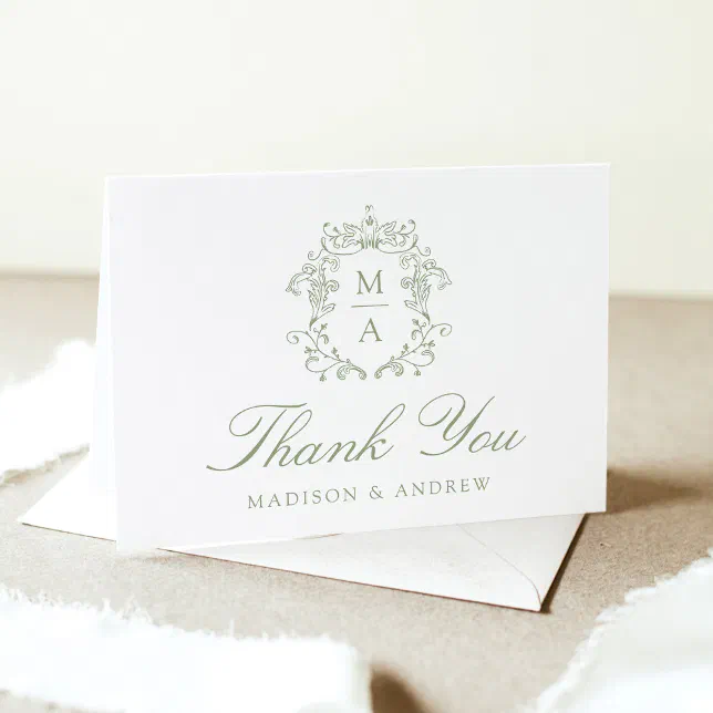 Elegant Sage Chinoiserie Monogram Crest Wedding Thank You Card | Zazzle