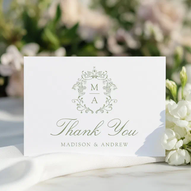 Elegant Sage Chinoiserie Monogram Crest Wedding Thank You Card | Zazzle