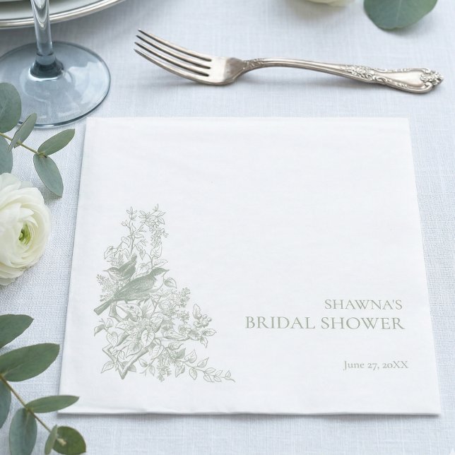 Elegant Sage Chinoiserie Nature Bird Bridal Shower Napkins (Creator Uploaded)