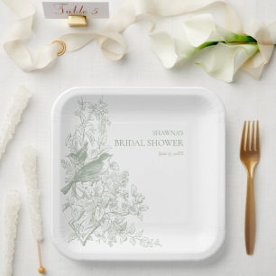 Elegant Sage Chinoiserie Nature Bird Bridal Shower Paper Plates