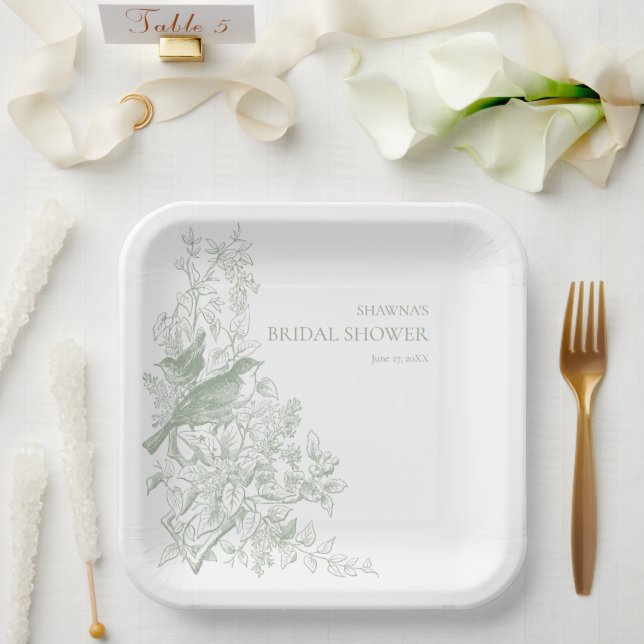 Elegant Sage Chinoiserie Nature Bird Bridal Shower Paper Plates (Wedding)