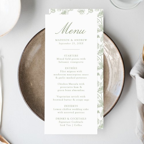 Elegant Sage Chinoiserie Victorian Floral Wedding Menu