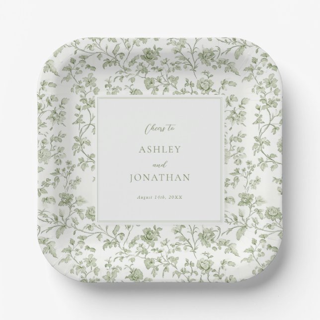 Elegant Sage Chinoiserie Wedding Paper Plates (Front)