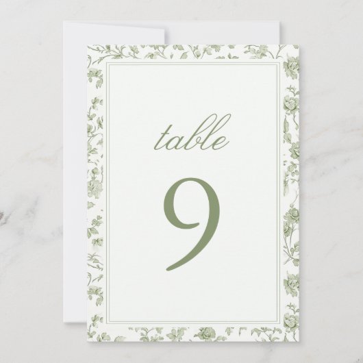 Elegant Sage Chinoiserie Wedding Table Number (Front)