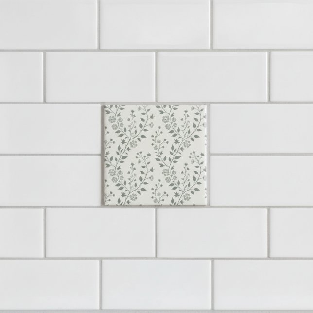 Elegant Sage Cream Minimalist Boho Floral Pattern Ceramic Tile (Creator Uploaded)