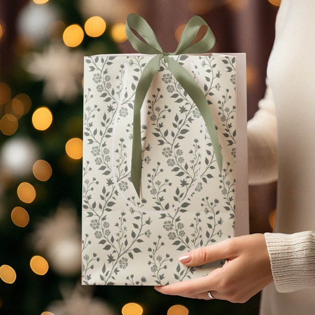 Elegant Sage Cream Minimalist Boho Floral Pattern Medium Gift Bag (Creator Uploaded)