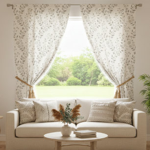 Elegant Sage Cream Minimalist Boho Floral Pattern Sheer Curtains