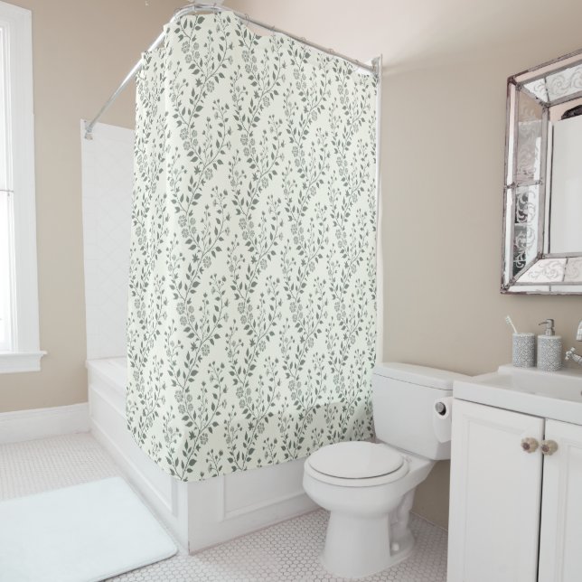 Elegant Sage Cream Minimalist Boho Floral Pattern Shower Curtain (In Situ)