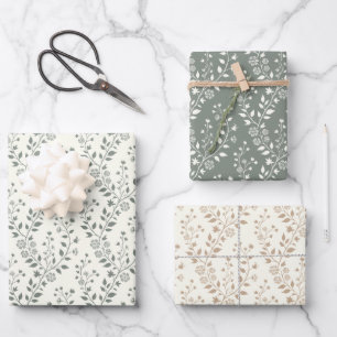 Elegant Sage Cream Minimalist Boho Floral Pattern Wrapping Paper Sheets