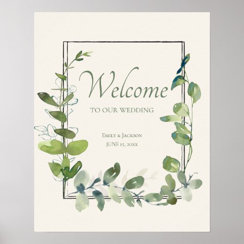 Elegant Sage Eucalyptus Leaves Wedding Welcome Poster