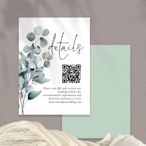 Elegant Sage Eucalyptus QR Code Wedding Details Enclosure Card