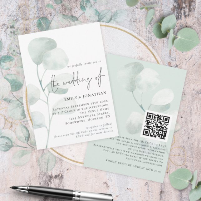 Elegant Sage Eucalyptus QR Code Wedding Invitation (Creator Uploaded)