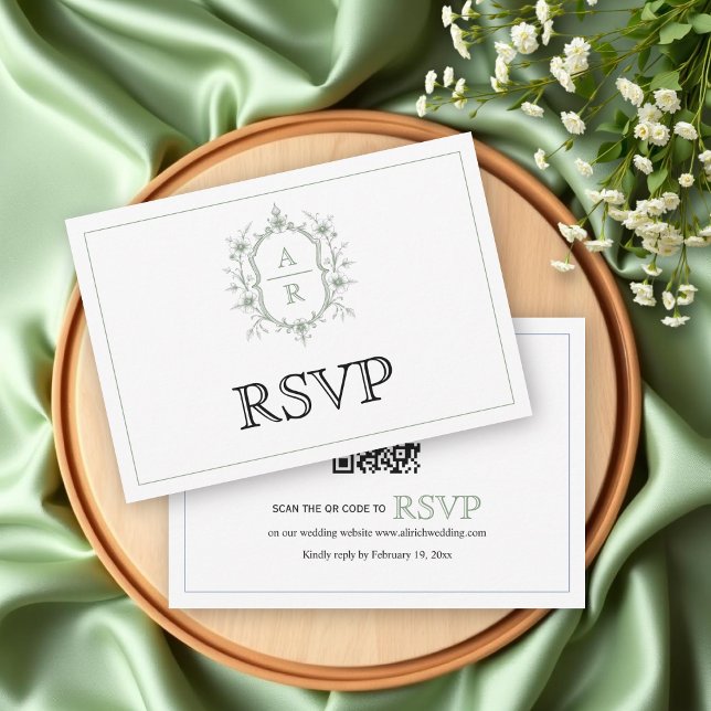 Elegant sage floral crest monogram QR code wedding RSVP Card (Creator Uploaded)
