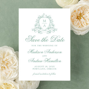 Elegant Sage Floral Crest Wedding Save the Date Letterpress Photo Cards