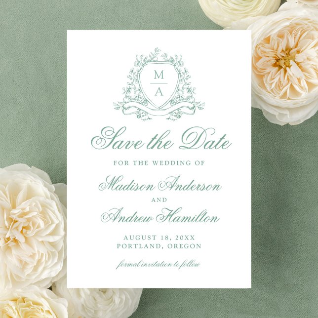 Elegant Sage Floral Crest Wedding Save the Date Letterpress Photo Cards (Creator Uploaded)