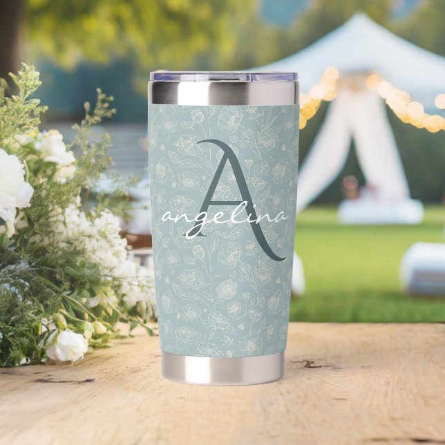 Elegant Sage Floral Monogram Travel Tumbler (Wedding (Rotated))