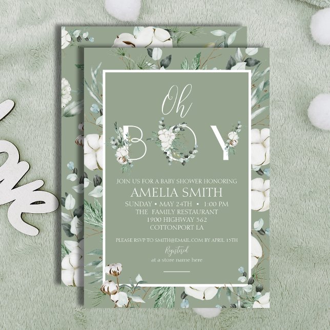 Elegant Sage Floral Oh Boy Baby Shower Invitation (Creator Uploaded)