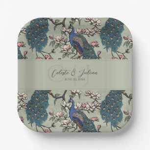 Elegant Sage Floral Peacock Wedding Paper Plates