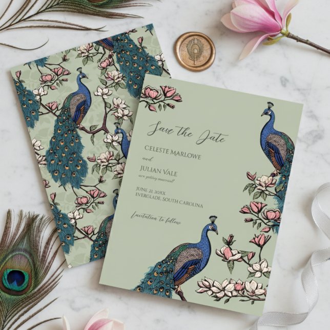 Elegant Sage Floral Peacock Wedding Save The Date (Sage Peacock Save the Dates for Modern Bird Wedding. Vintage Floral Peacock Chinoiserie Engagement )