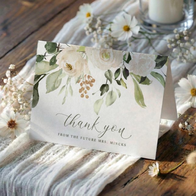 Elegant Sage Floral Script Bridal Shower Wedding Thank You Card (Elegant script bridal shower thank you cards with watercolor greenery and white florals)