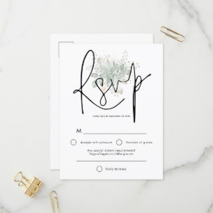 Elegant Sage Foliage Black Script Wedding RSVP Invitation Postcard