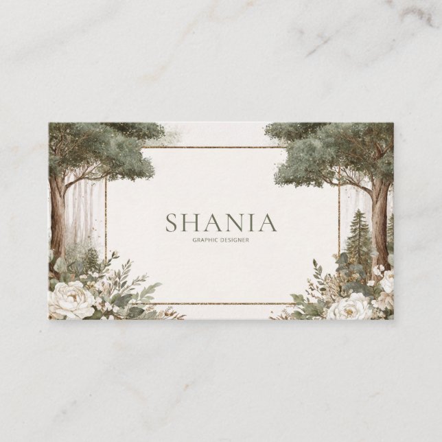 Elegant Sage Forest Gold Frame White Floral Business Card (Front)