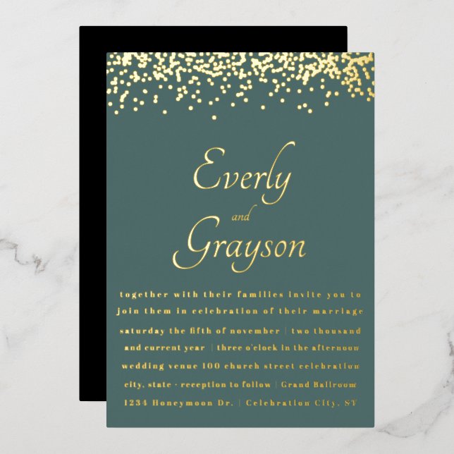 Elegant Sage Forest Green Gold Confetti Wedding    Foil Invitation (Front/Back)