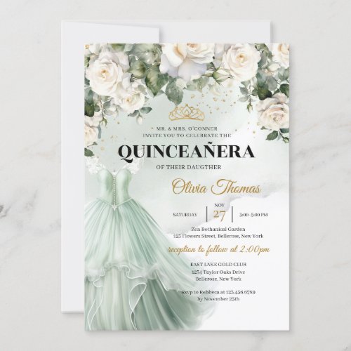 Elegant Sage Formal Dress White Roses Greenery Invitation