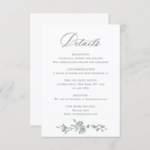 Elegant Sage French Garden Floral Wedding Details Enclosure Card