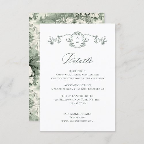 Elegant Sage French Garden Floral Wedding Details Enclosure Card