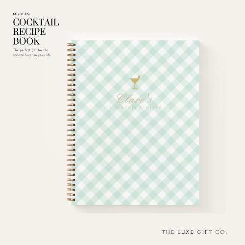 Elegant Sage Gingham Blank Cocktail Recipe Book