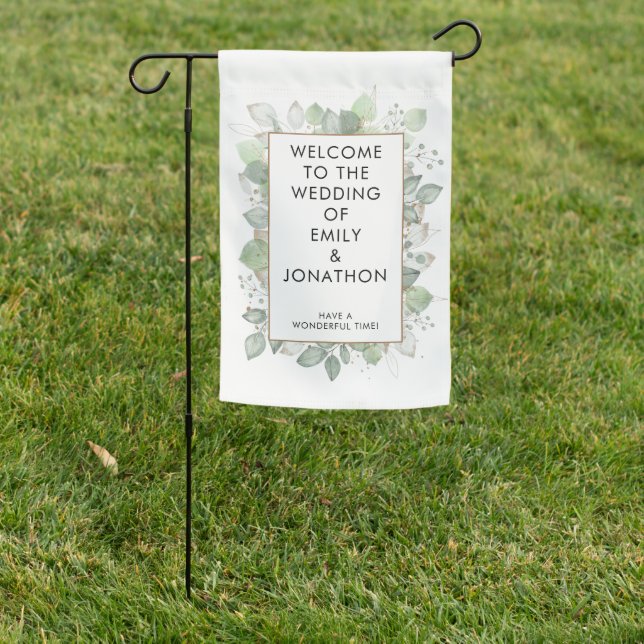 Elegant Sage Gold Foliage Welcome to Wedding Garden Flag (In SItu)