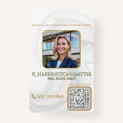 Elegant sage and gold realtor photo ID badge with QR code contact