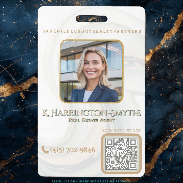 Elegant Sage Gold Realtor Photo ID/QR Code Contact Badge (Creator Uploaded)