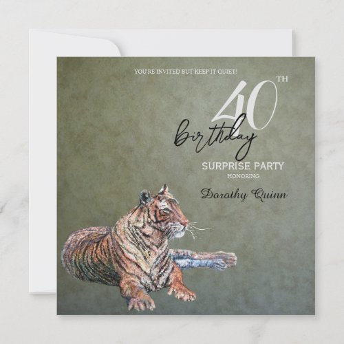 Elegant Sage Gold Tiger Surprise Birthday Party Invitation