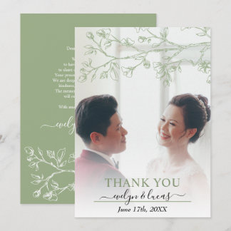 Elegant sage gree, white blossoms wedding photo thank you card