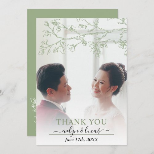 Elegant sage gree white blossoms wedding photo thank you card