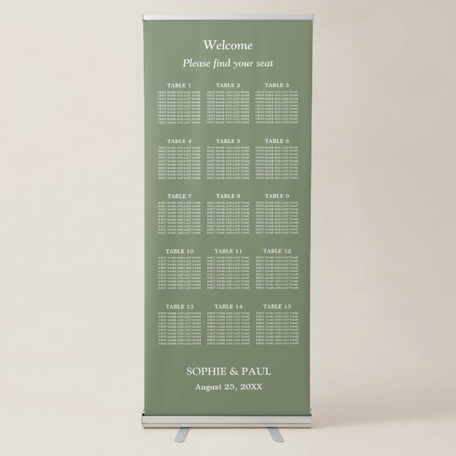 Elegant Sage Green 15 Table Wedding Seating Chart Retractable Banner (Front)